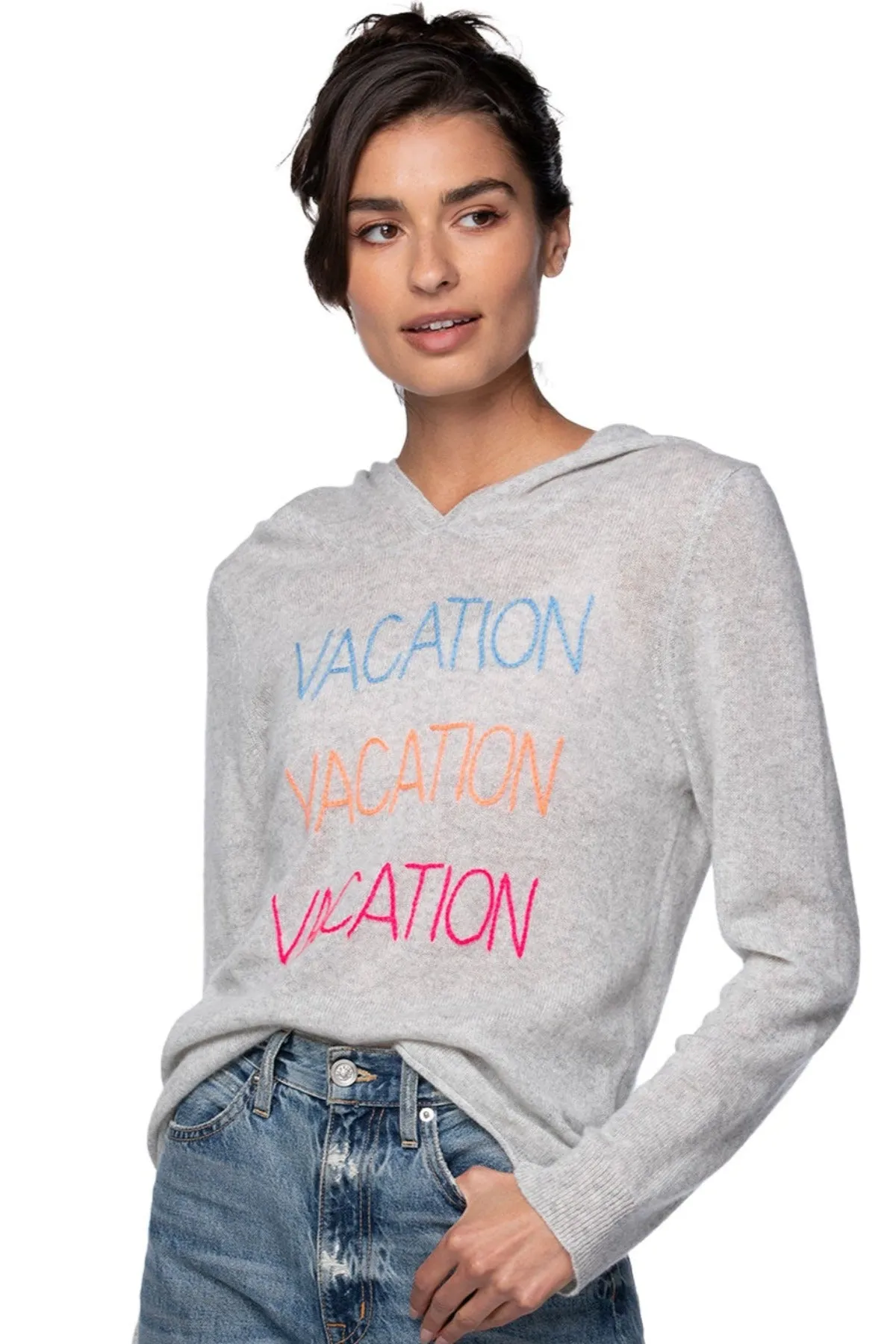 100% Cashmere Hoodie Sweater with Embroidery Stitch "Vacation Vacation Vacation"