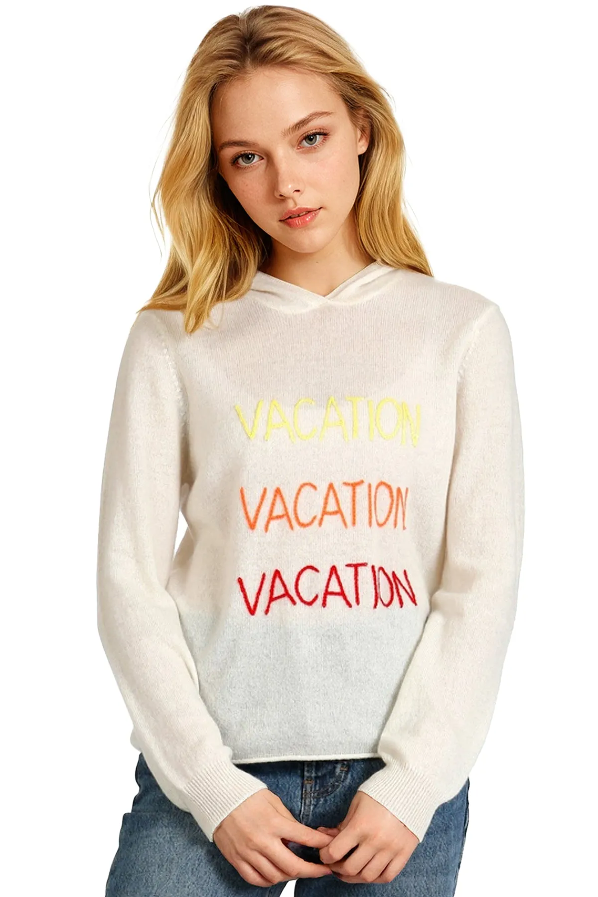 100% Cashmere Hoodie Sweater with Embroidery Stitch "Vacation Vacation Vacation"