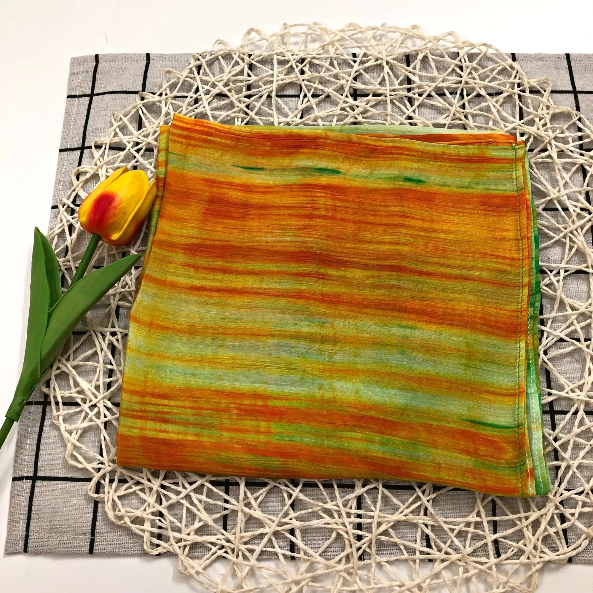 100% MULBERRY SILK SCARF - Pure mulberry silk - Green and Orange Square Scarf - Women's Scarves - Fashion Scarf - Luxury Scarf - Gift for her