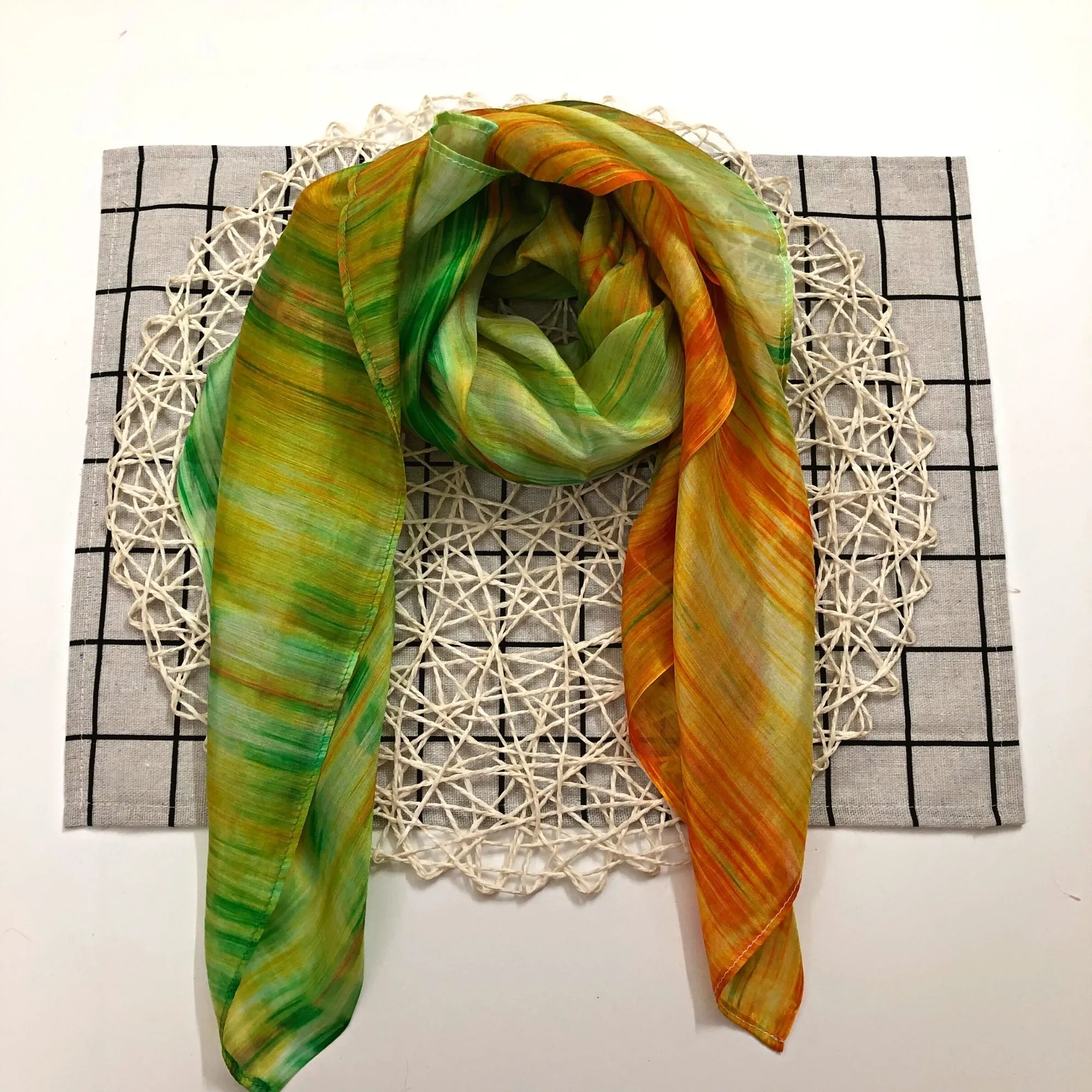 100% MULBERRY SILK SCARF - Pure mulberry silk - Green and Orange Square Scarf - Women's Scarves - Fashion Scarf - Luxury Scarf - Gift for her