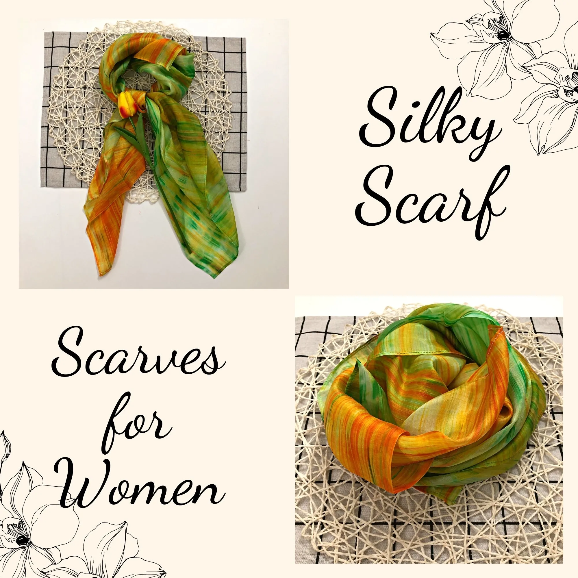 100% MULBERRY SILK SCARF - Pure mulberry silk - Green and Orange Square Scarf - Women's Scarves - Fashion Scarf - Luxury Scarf - Gift for her