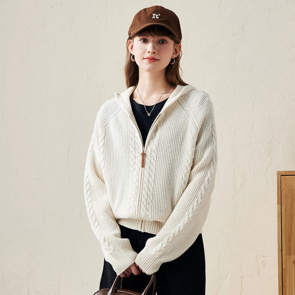 100% Wool Cardigan Womens Cozy Cable Knit Hoodie