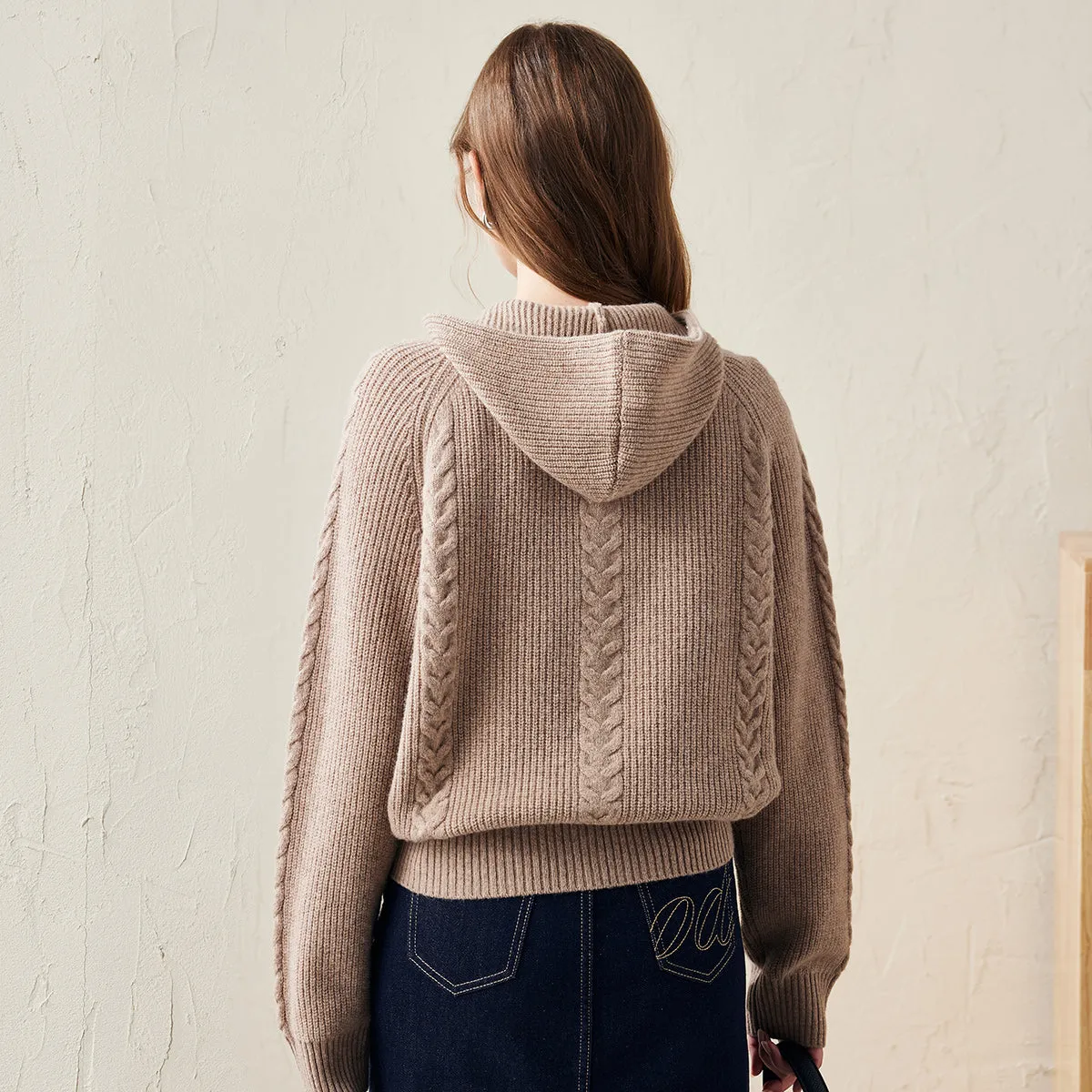 100% Wool Cardigan Womens Cozy Cable Knit Hoodie