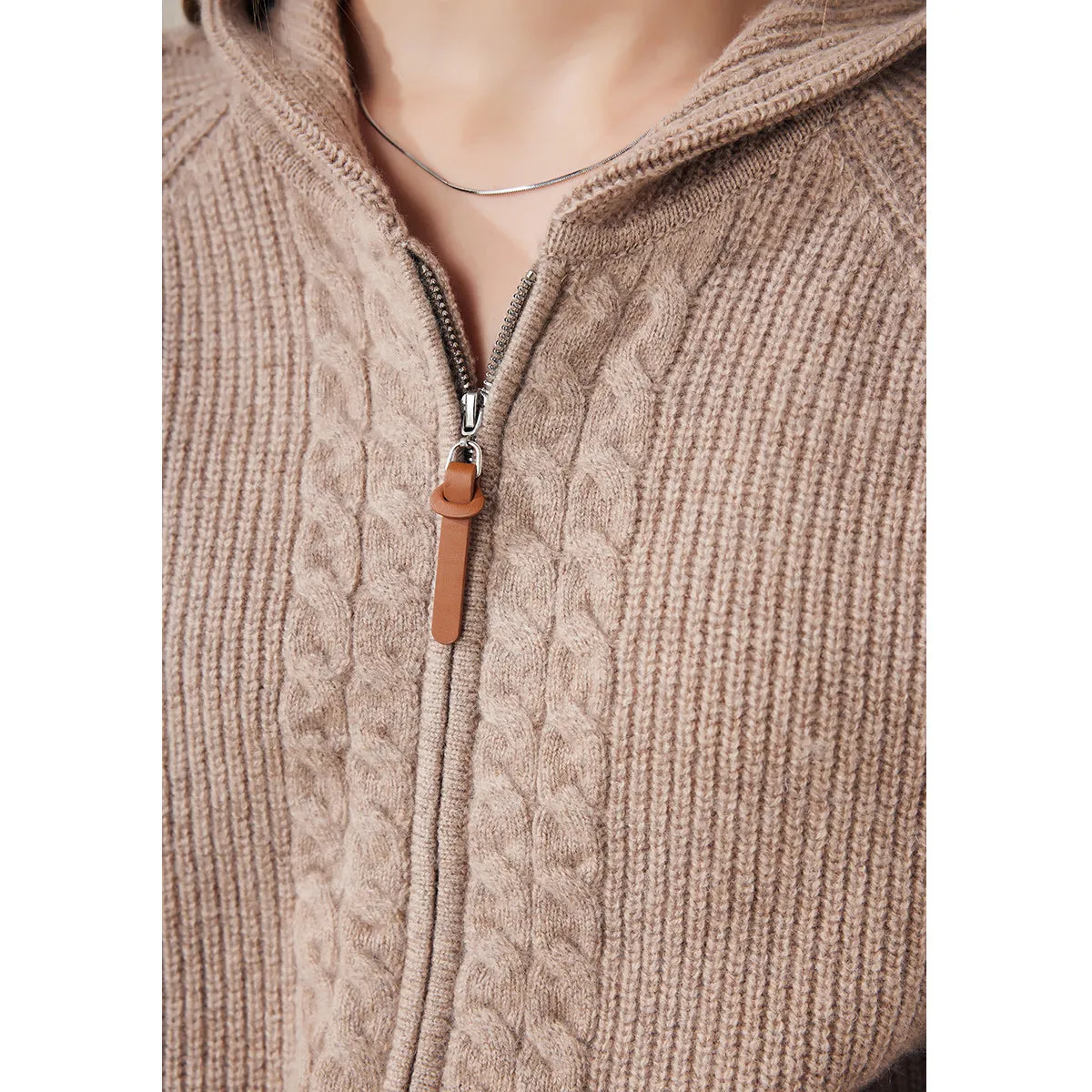 100% Wool Cardigan Womens Cozy Cable Knit Hoodie