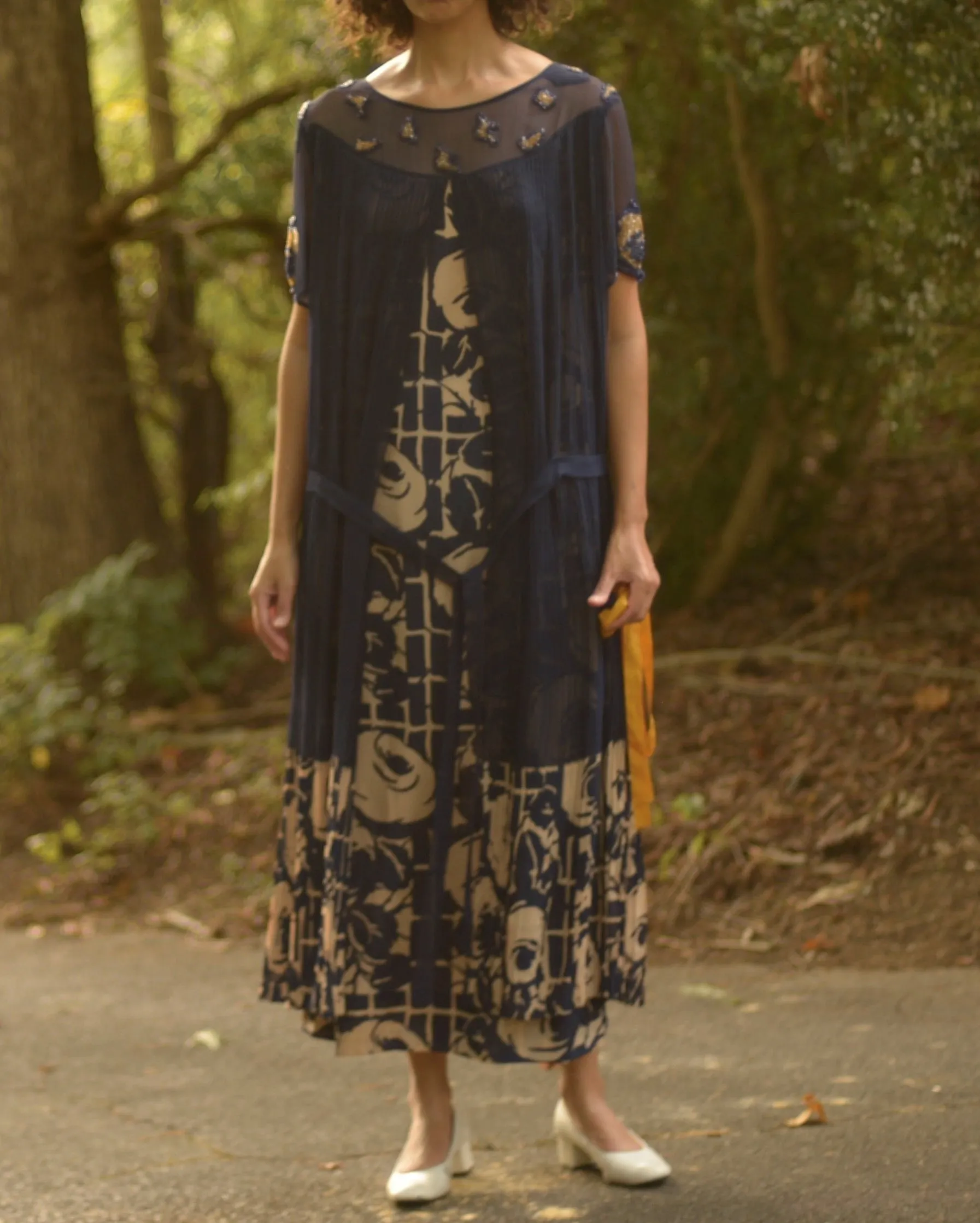 1920s navy blue and beige floral silk drop waist flapper dress