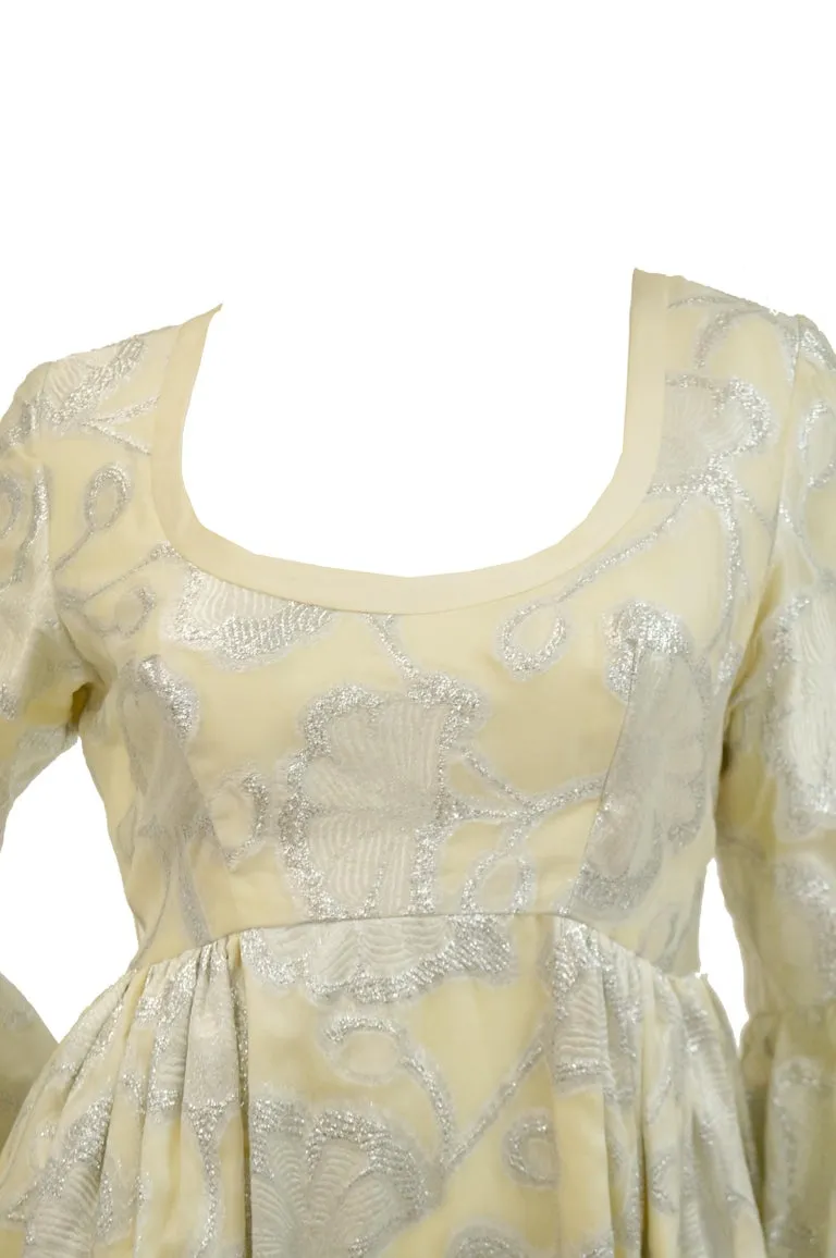 1970s Lisa Meril Cream and Silver Floral Brocade Empire Waist Evening Dress