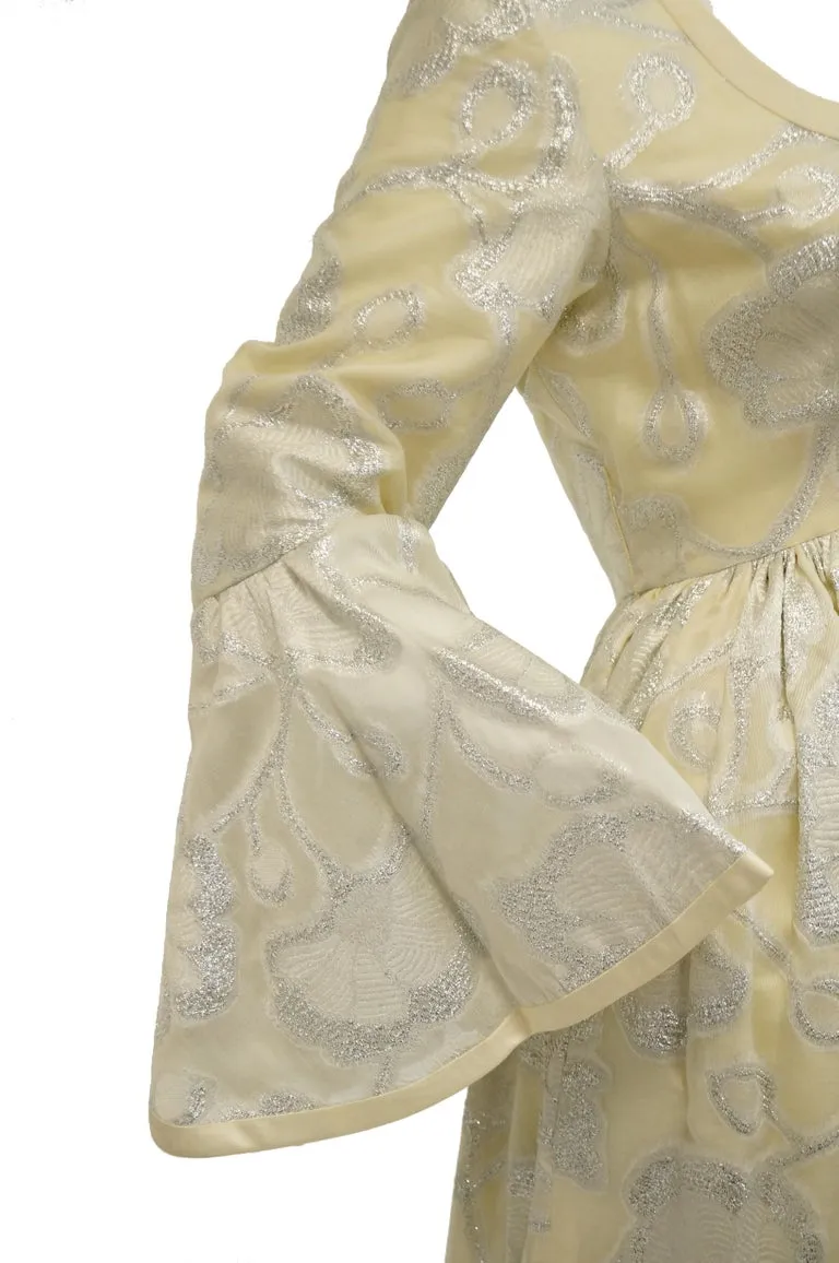 1970s Lisa Meril Cream and Silver Floral Brocade Empire Waist Evening Dress