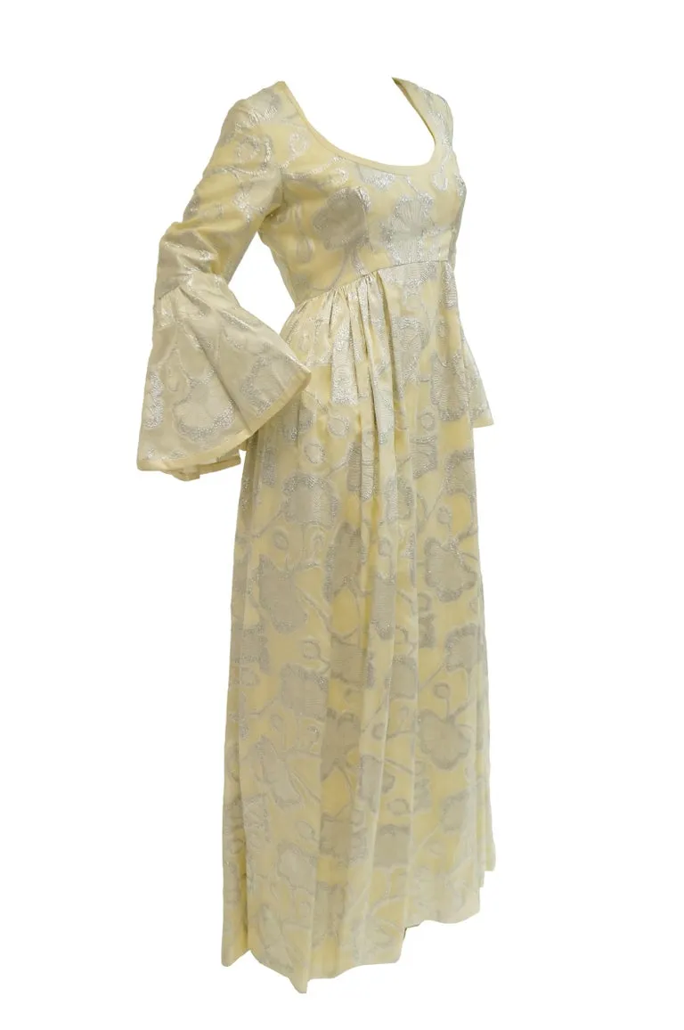 1970s Lisa Meril Cream and Silver Floral Brocade Empire Waist Evening Dress