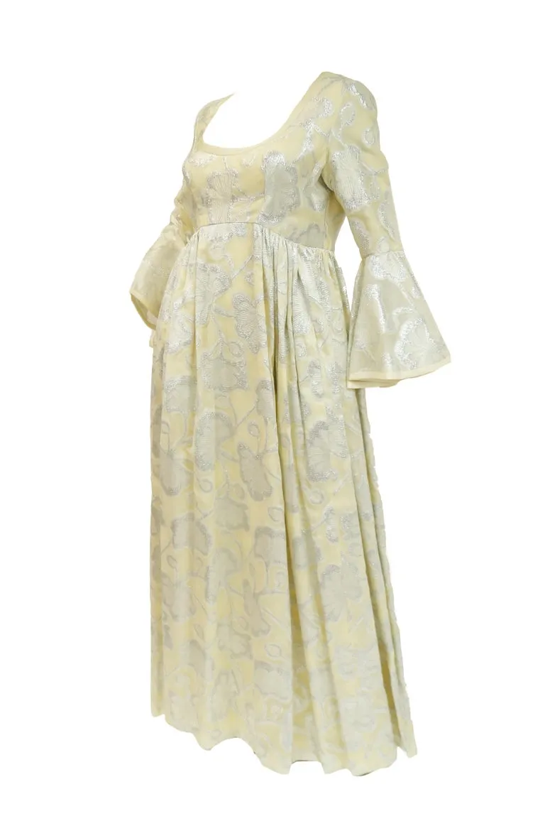 1970s Lisa Meril Cream and Silver Floral Brocade Empire Waist Evening Dress