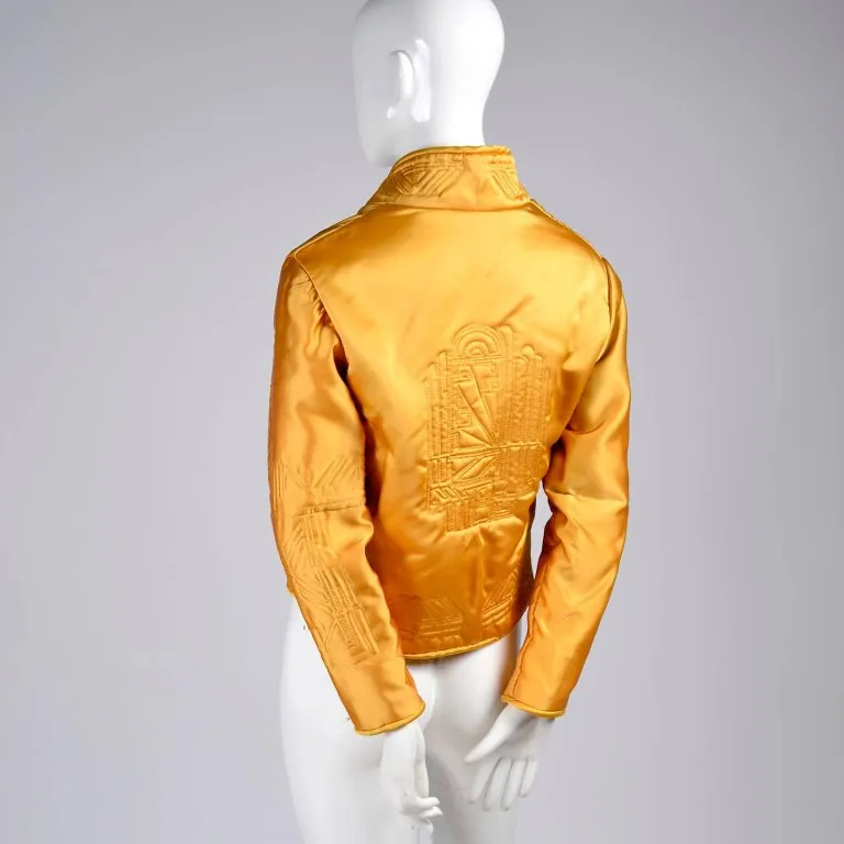 1980s Quilted Gold Silk Vintage Jacket w/ Art Deco Inspired Designs Small