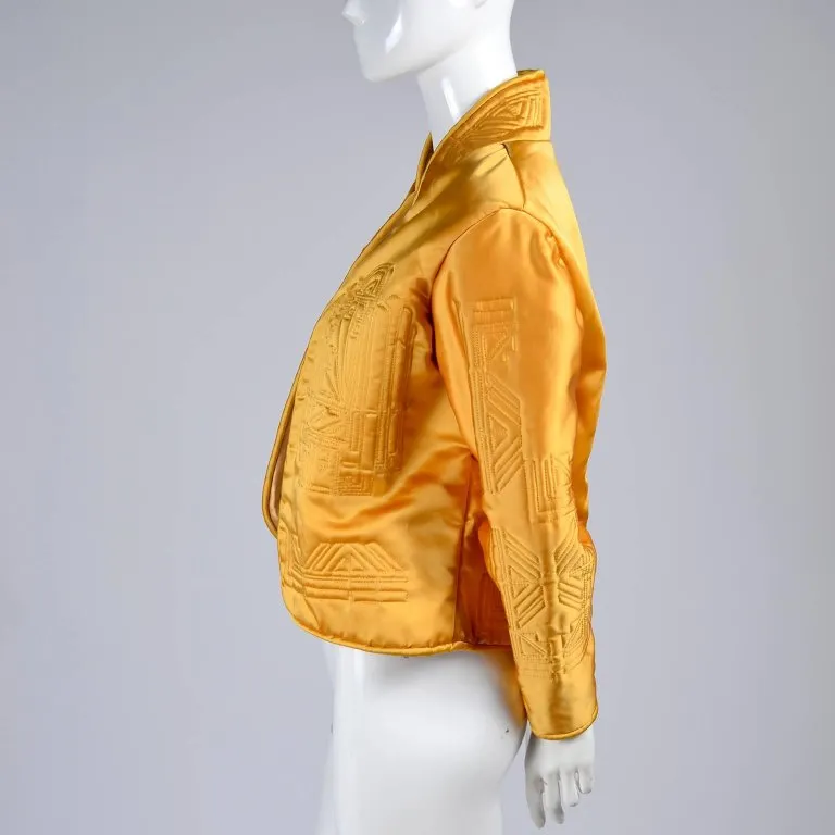 1980s Quilted Gold Silk Vintage Jacket w/ Art Deco Inspired Designs Small