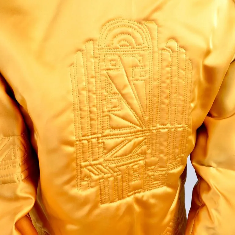 1980s Quilted Gold Silk Vintage Jacket w/ Art Deco Inspired Designs Small