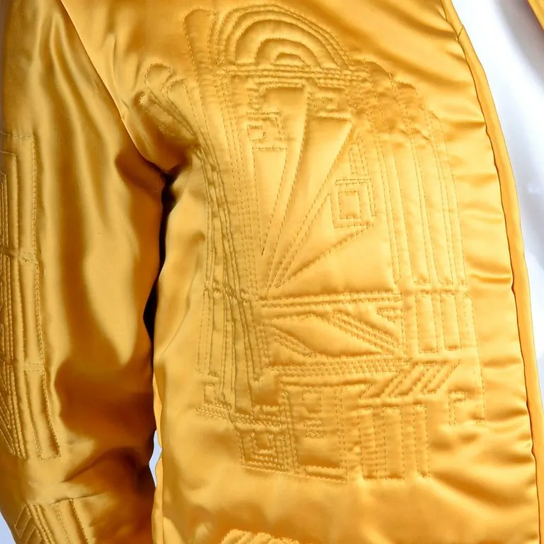 1980s Quilted Gold Silk Vintage Jacket w/ Art Deco Inspired Designs Small