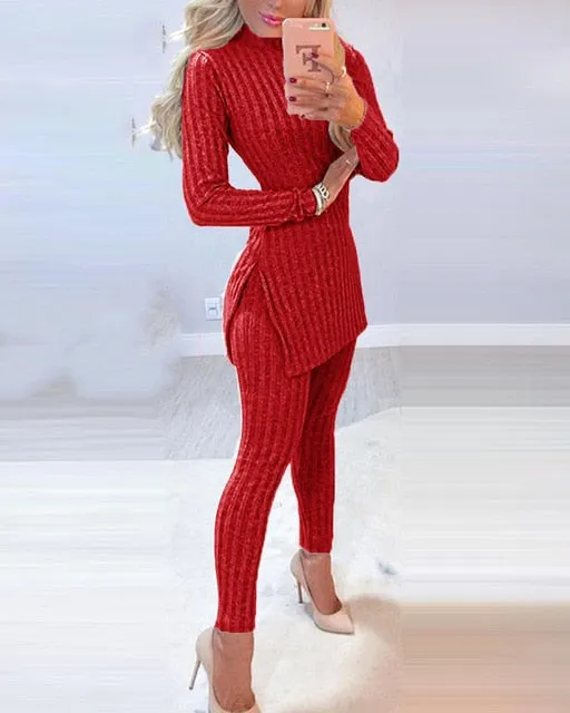 2 Piece Sets Long Sleeve Sweater Pullover Crop Top And Pants