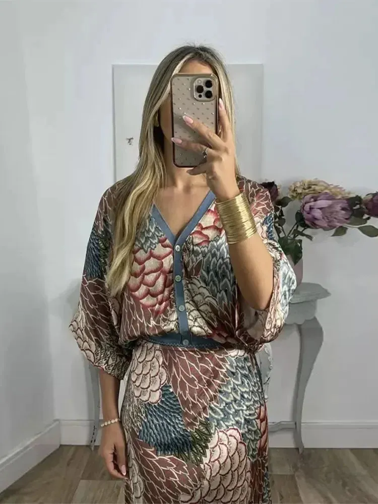 2024 Women Elegant Print Stain Skirt Sets Fashion Loose V Neck Half Sleeve Shirt Two Pieces Suits Summer Chic Office Lady Outfit