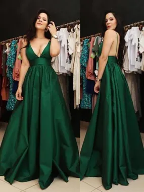 A Line V Neck Spaghetti Straps Backless Satin Dark Green Prom with Pockets, Dark Green Backless Formal, Evening