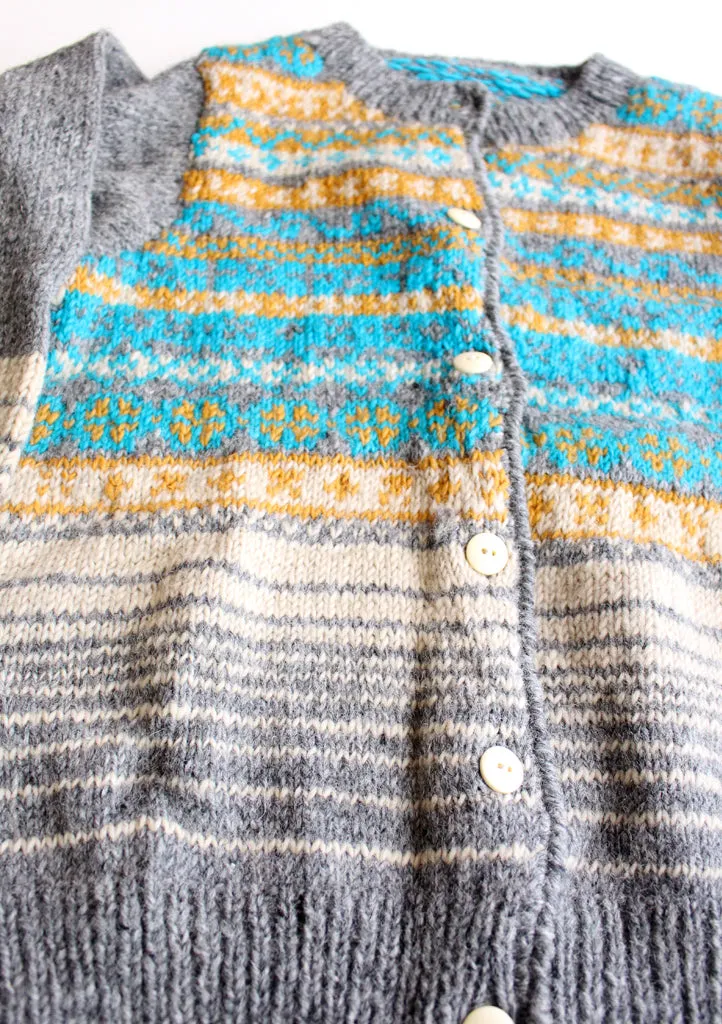 Aqua Blue and Mustard Lining Hand Knitted Pure Woolen Cardigan Sweater