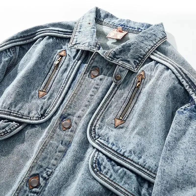 Autumn Men Denim Jacket Solid Color Male Lapel American New Stylish Outwear Washed Patchwork Multi-pocket 12A5983