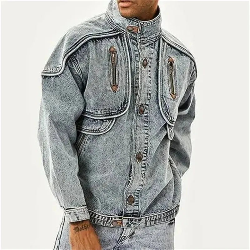 Autumn Men Denim Jacket Solid Color Male Lapel American New Stylish Outwear Washed Patchwork Multi-pocket 12A5983