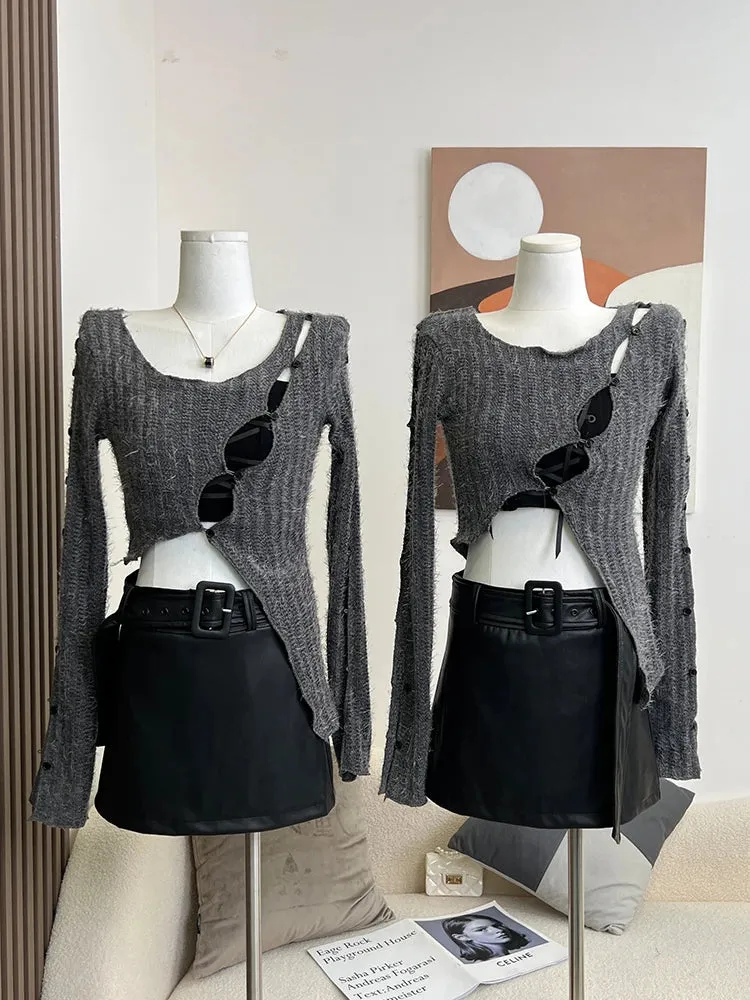 Autumn Woman Long Sleeve Baddie Style Crop Tops Grunge Hollow Out Cardigan Vintage Sweater Designer Y2k Knitwear 2000s Aesthetic