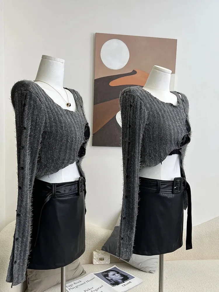 Autumn Woman Long Sleeve Baddie Style Crop Tops Grunge Hollow Out Cardigan Vintage Sweater Designer Y2k Knitwear 2000s Aesthetic