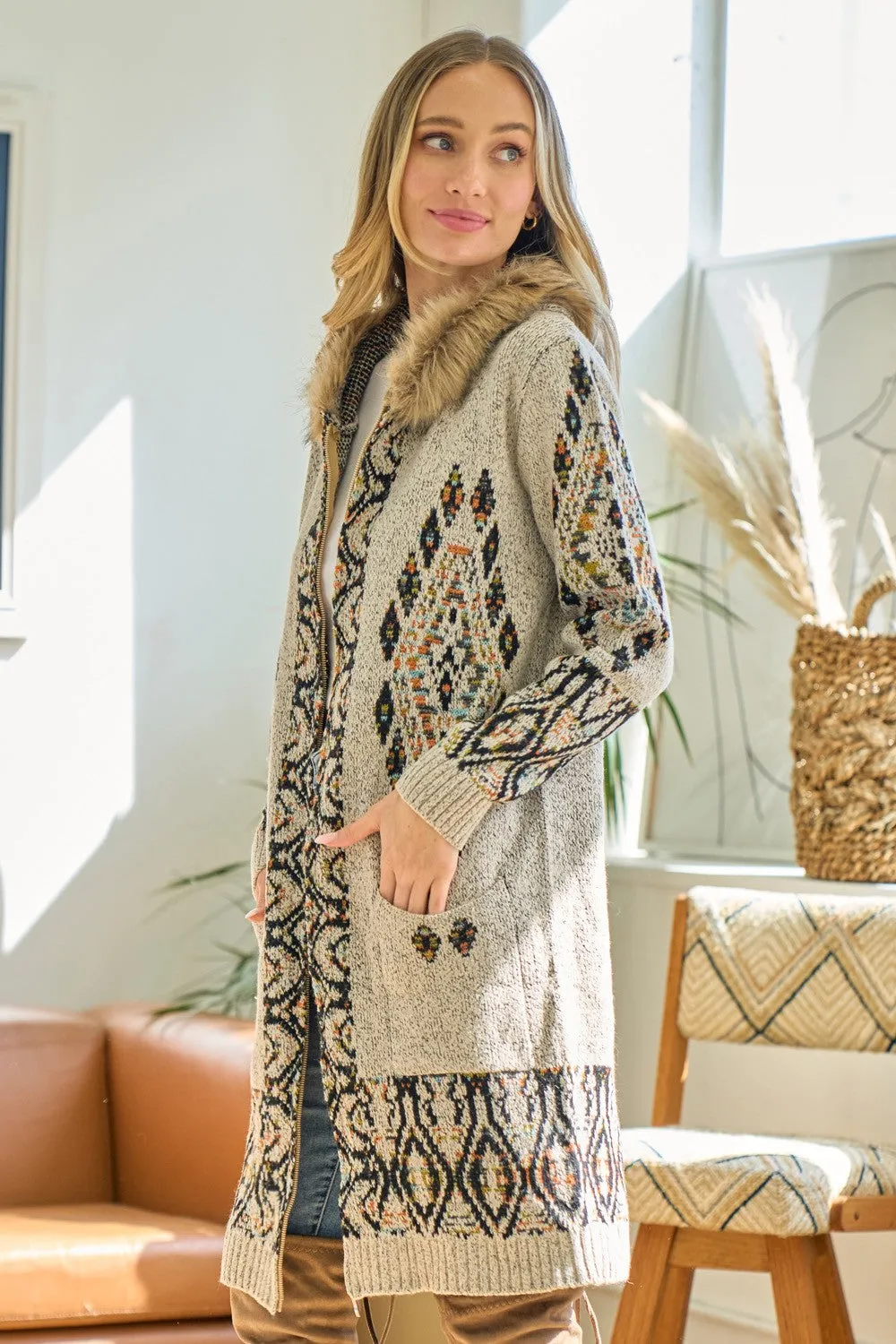 Aztec Pattern Long Sleeve Faux Fur Trim Hoodie Knit Cardigan Sweater