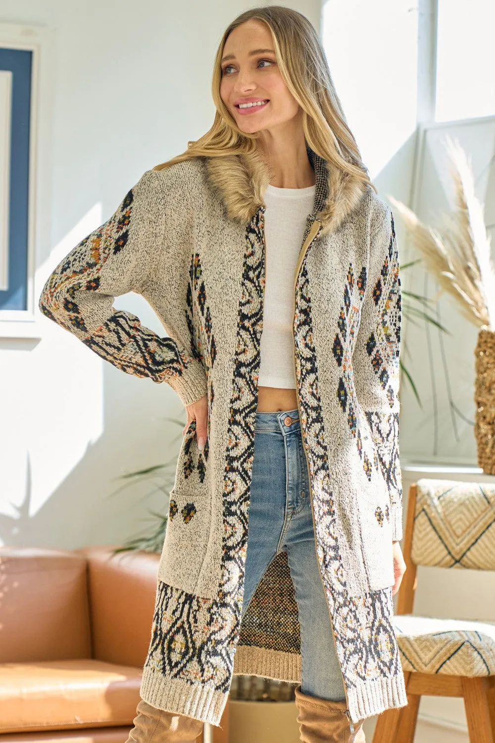 Aztec Pattern Long Sleeve Faux Fur Trim Hoodie Knit Cardigan Sweater