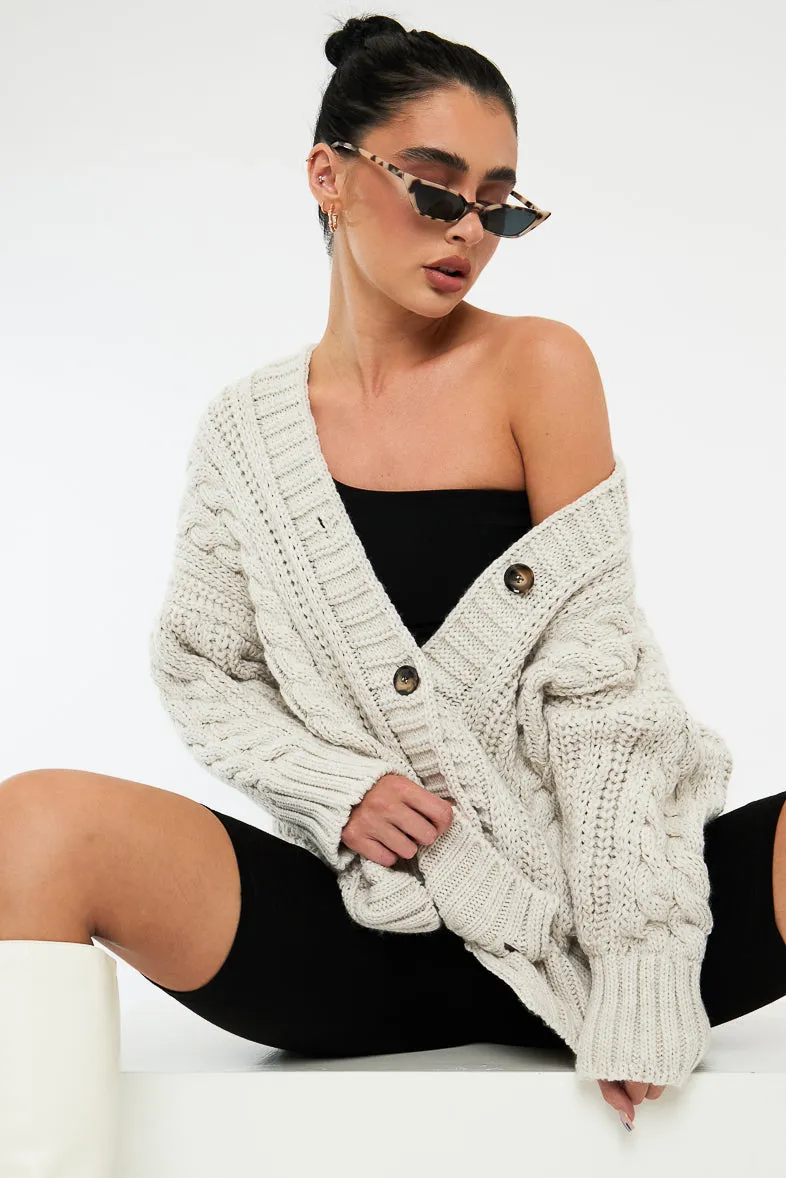 Beige Chunky Cable Knit Cardigan - Monira