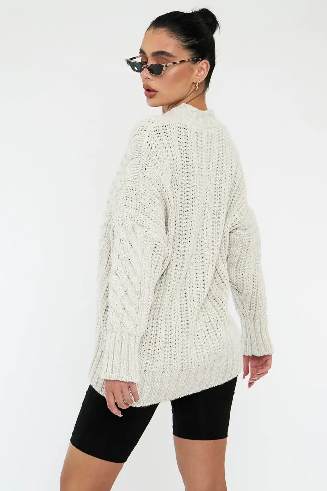 Beige Chunky Cable Knit Cardigan - Monira