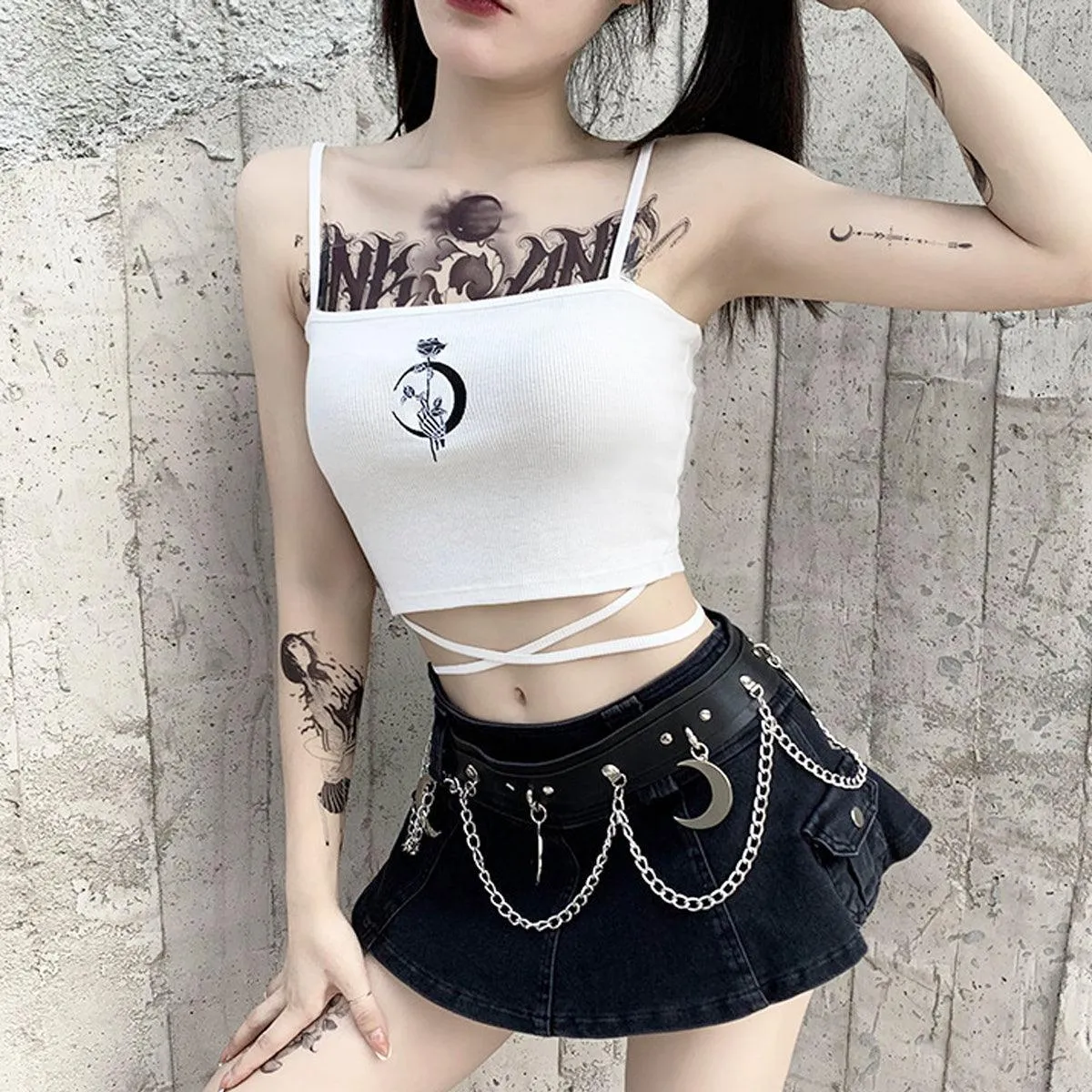 benpaolv Crescent Moon Rose Black Crop Top