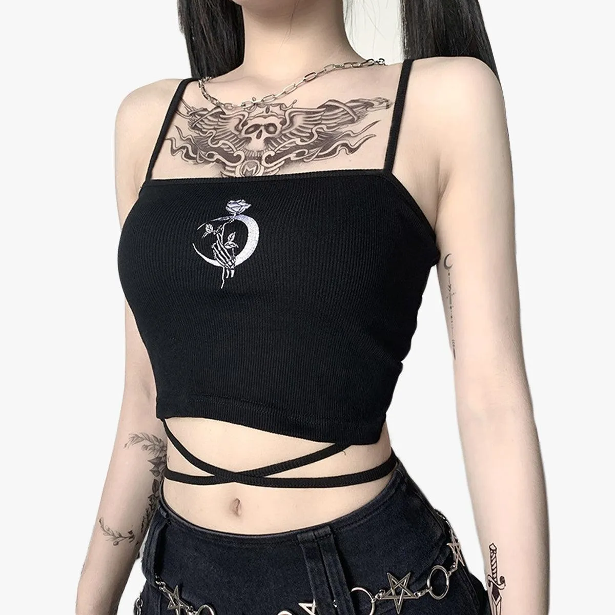 benpaolv Crescent Moon Rose Black Crop Top