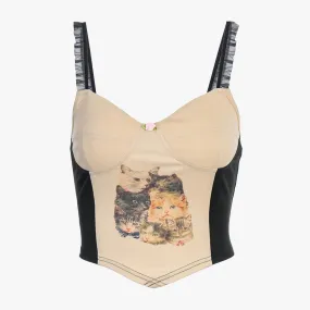 benpaolv Ruffle Straps Retro Cats Crop Top