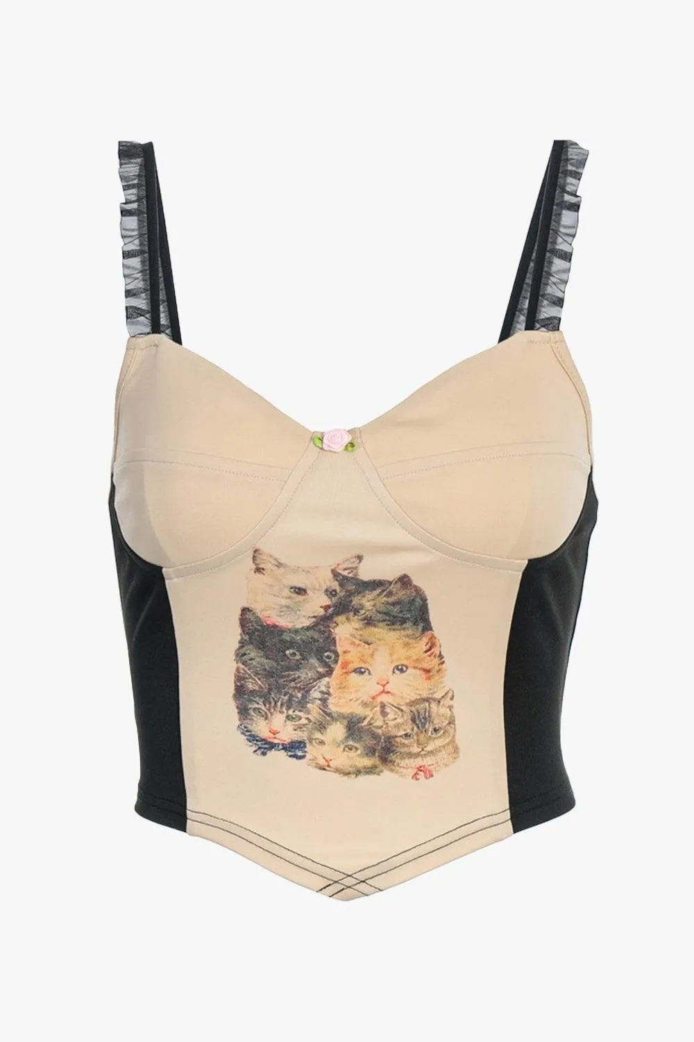 benpaolv Ruffle Straps Retro Cats Crop Top