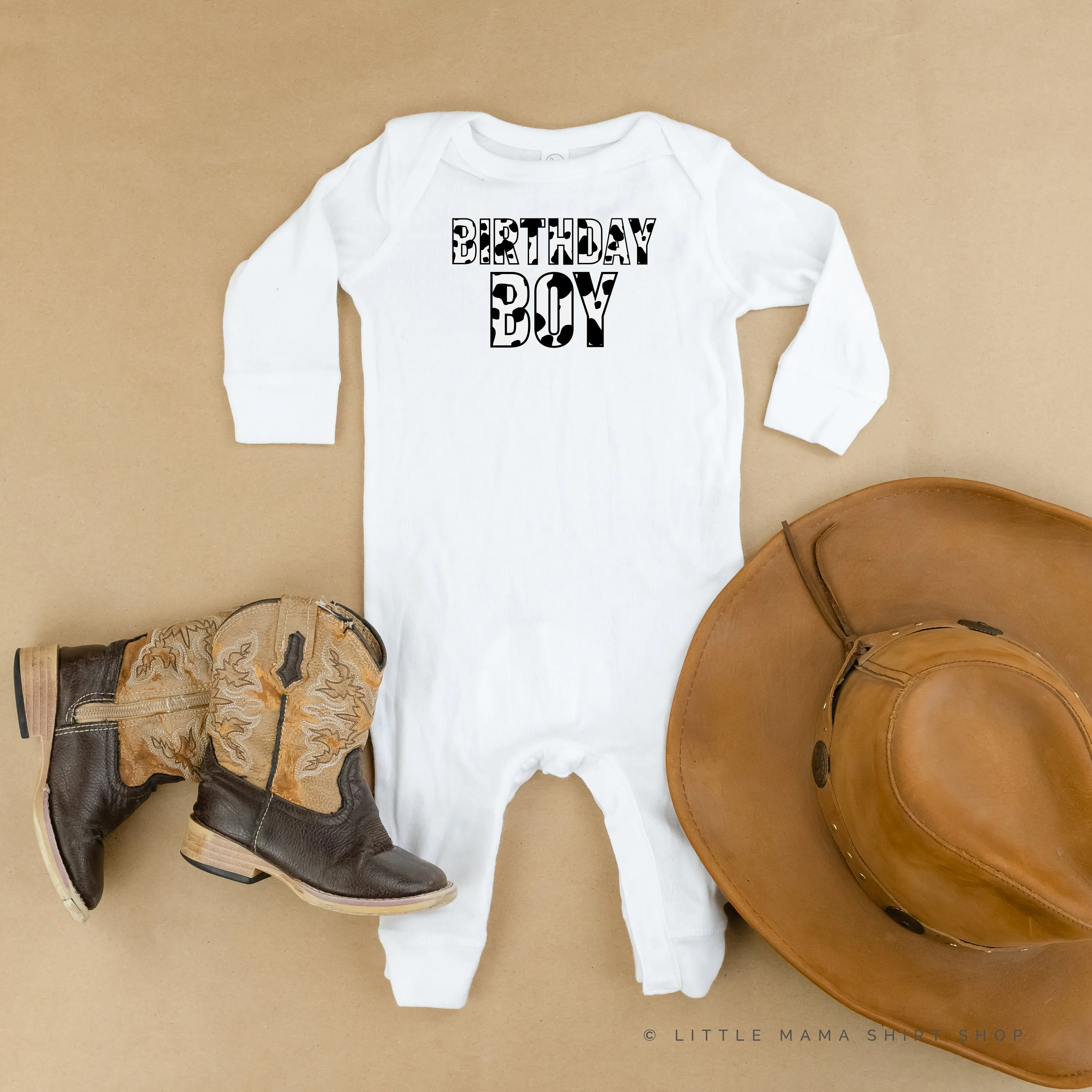 BIRTHDAY BOY - Cow Print - One Piece Baby Sleeper