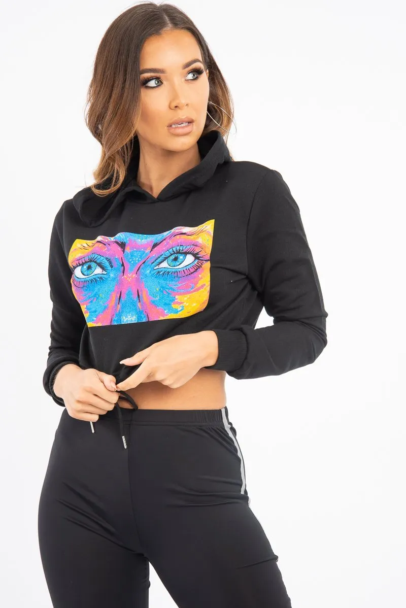 Black Elasticated Cropped Hoodie with Graphic Print - Montanna