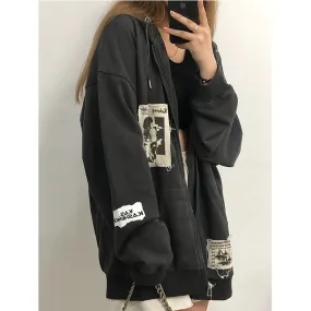 Black Friday Sales Street Graffiti Patchwork Oversized Zipper Cardigan Hoodie Women Autumn Ins Harajuku Gothic Punk Vintage Y2K Long-Sleeved Hoodie