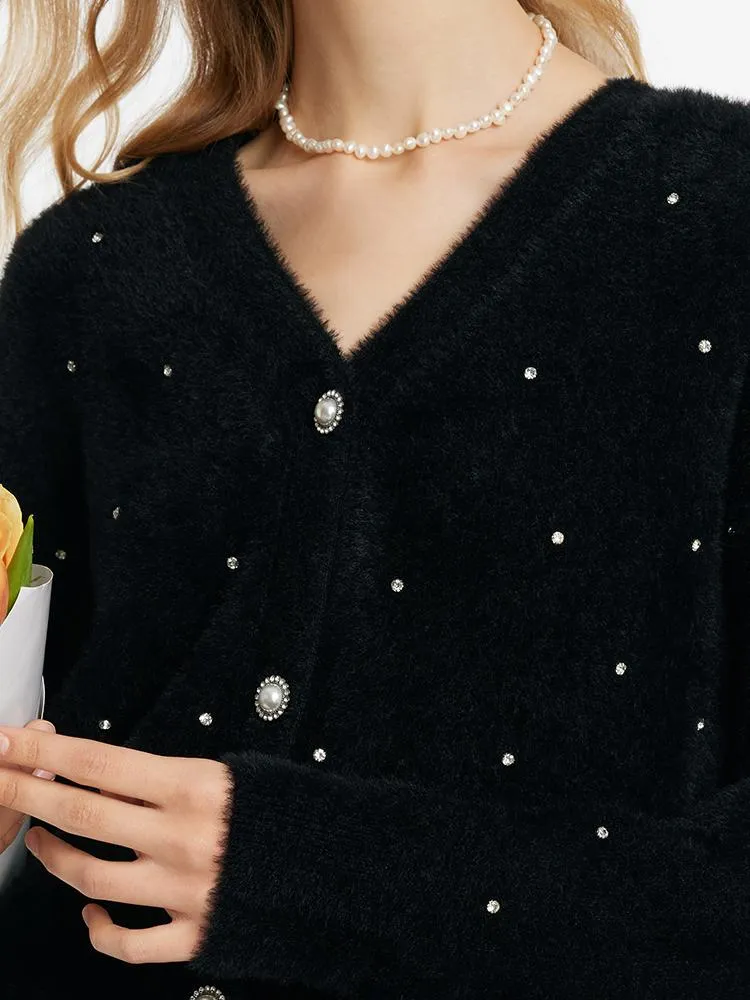 Black V-Neck Rhinestone Knitted Women Cardigan