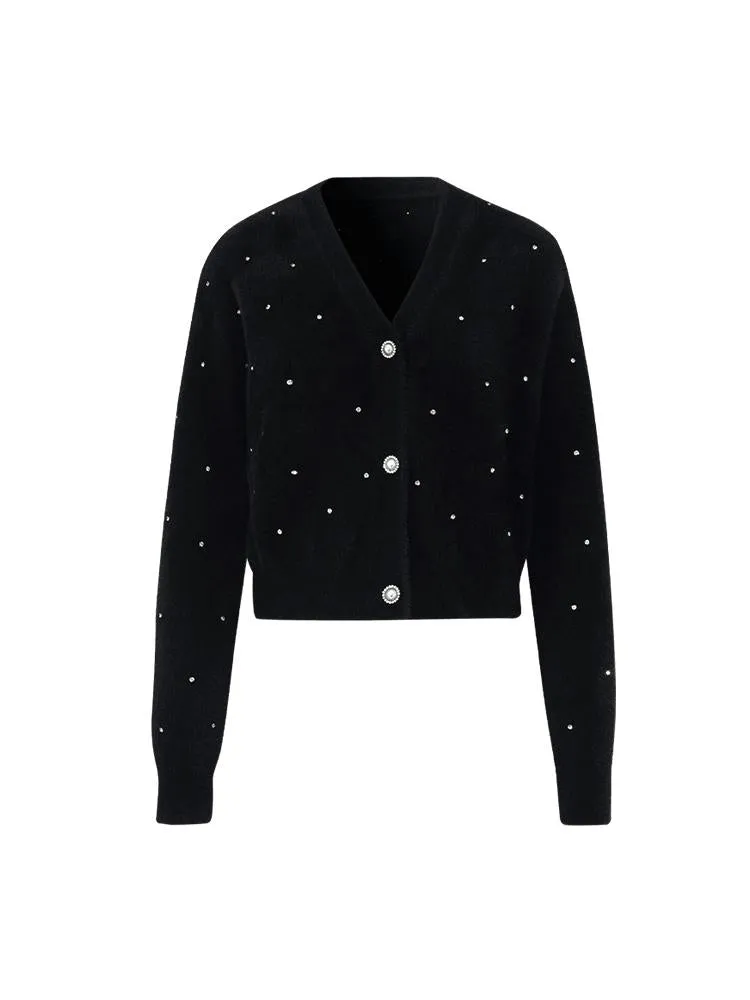 Black V-Neck Rhinestone Knitted Women Cardigan