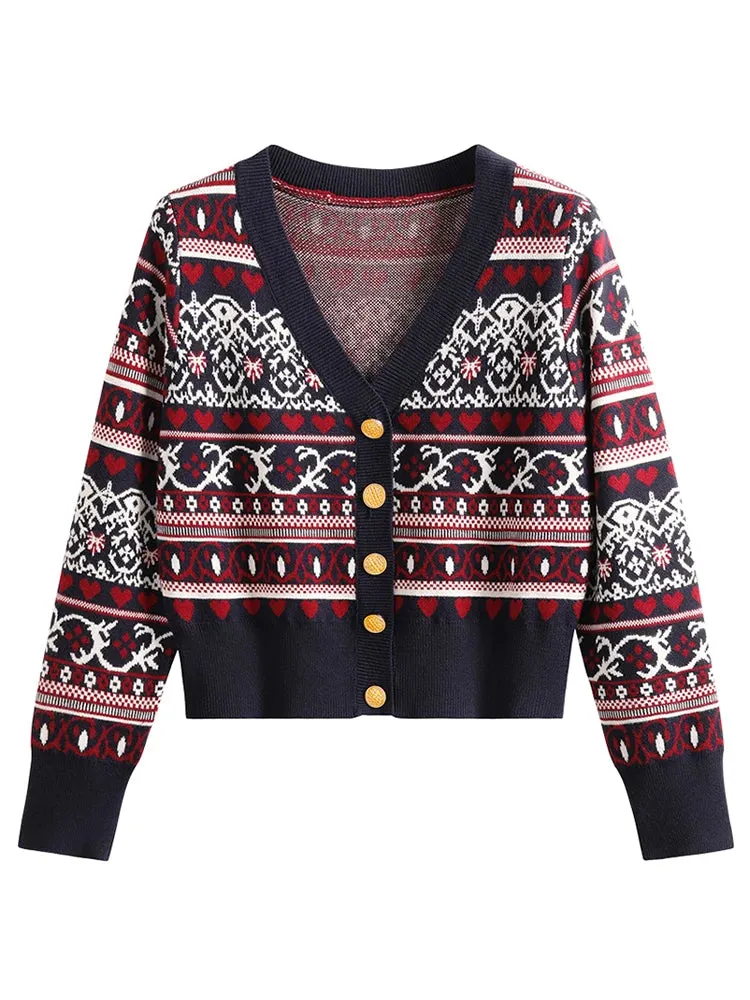 Bohemian Ethnic Style Jacquard Sweater Slim V-neck Long Sleeve Knitted Cardigan Vintage Outerwear Chic Christmas Tops C-036