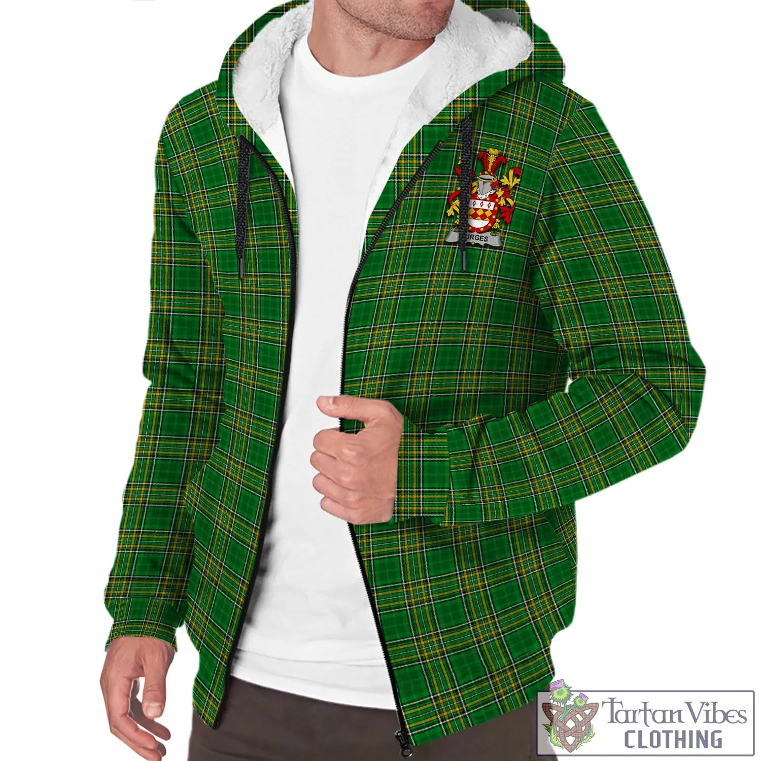 Burges Irish Clan Tartan Sherpa Hoodie with Coat of Arms