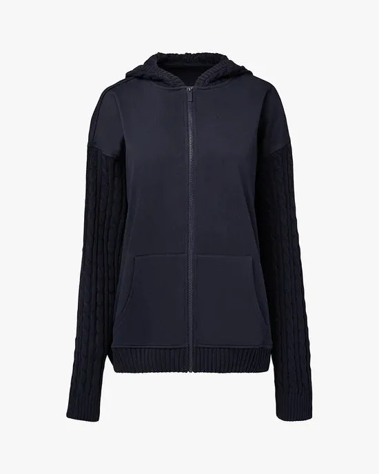 Cable Knit Sleeve Zip Up Hoodie Navy