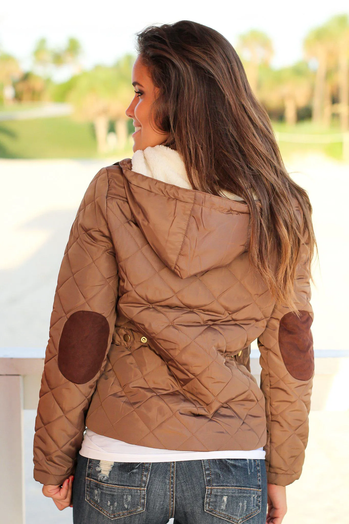 Camel Quilted Jacket with Fur Lined Hood