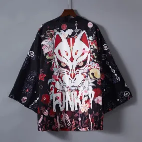 Cartoon Fox Mask Letter Print Kimono Outerwear