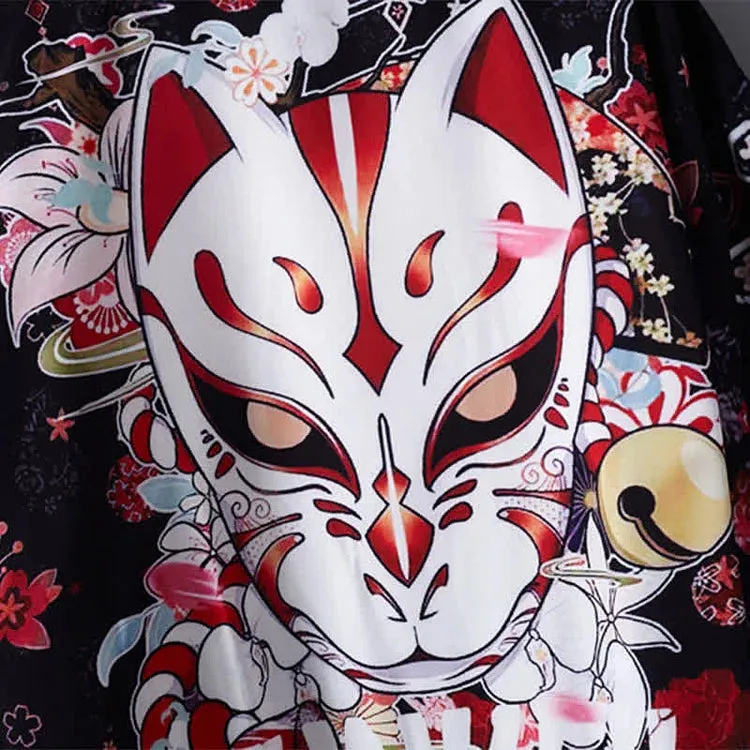 Cartoon Fox Mask Letter Print Kimono Outerwear