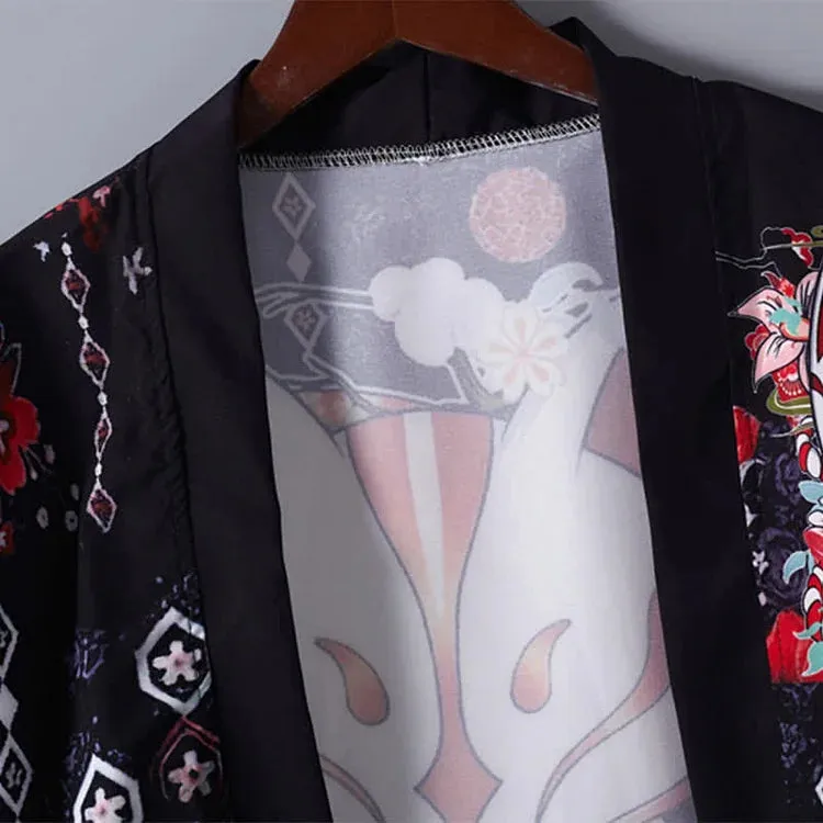 Cartoon Fox Mask Letter Print Kimono Outerwear