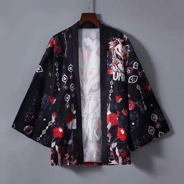 Cartoon Fox Mask Letter Print Kimono Outerwear