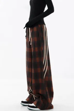 Casual Plaid Wide-Leg Pants & Three-Bar Stitched Design