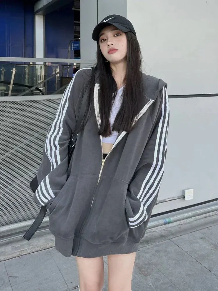 Casual Zip Hoodie Women Autumn Harajuku Loose Side Stripe Patchwork Long Sleeve Oversized Hoodie School Grey Cardigan