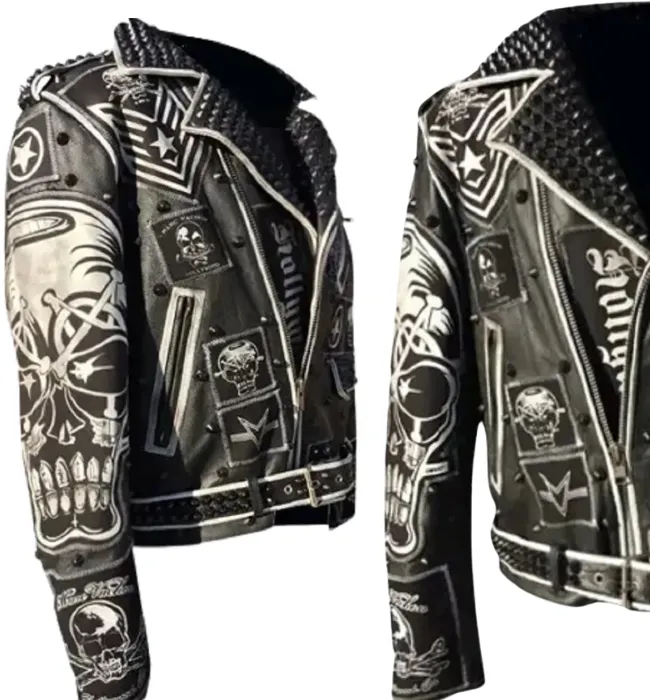 Classic Vintage Custom Black Magic Key bone Leather Jacket