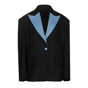 Colorblock Spliced Denim Casual Blazers For Women Notched Collar Long Sleeve Patchwork Button Blazer Female